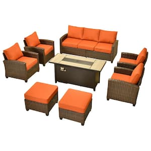 Pirani Brown 8-Piece Wicker Patio Rectangle Fire Pit Conversation Set with Orange Red Cushions