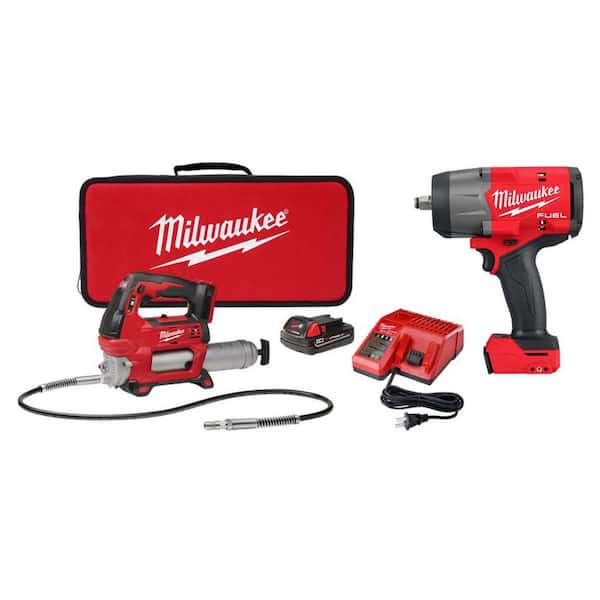 M18 18V Lithium-Ion Cordless Grease Gun 2-Speed w/ (1) 1. 5Ah Batteries, Charger, Tool Bag, & 1/2 in. Impact Wrench
