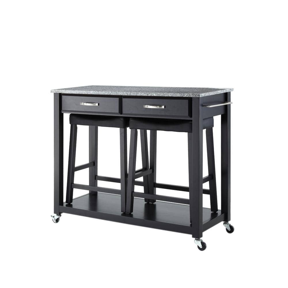 Black Granite Top Kitchen Cart with Storage and Drawers