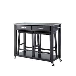 Black Kitchen Cart with Granite Top and Stools