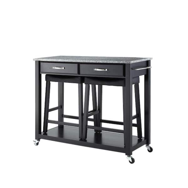 CROSLEY FURNITURE Black Kitchen Cart with Granite Top and Stools