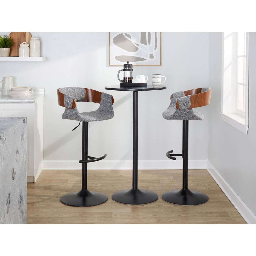 Set of 2 Adjustable Gray Fabric and Walnut Barstools