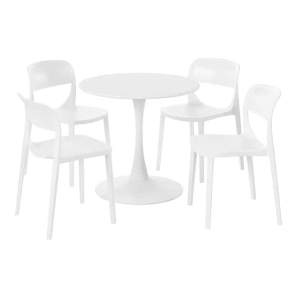 Frond and Form Outdoor Patio Modern 5-Piece Round HDPE Plastic Dining Table Set with Stackable Chairs, White