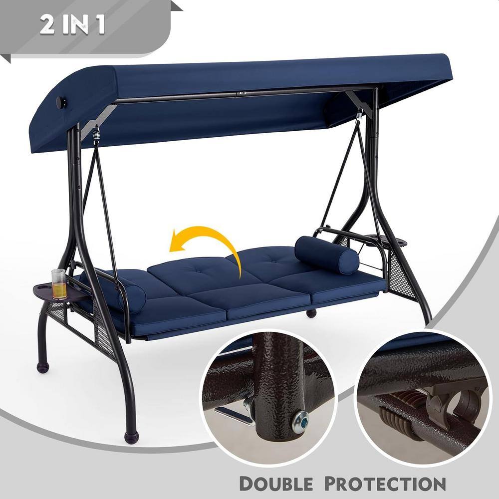 Blue Cushioned Steel Frame 3-Person Porch Swing with Adjustable Canopy