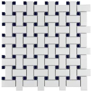 Metro Basketweave Matte White with Cobalt Dot 11-3/4 in. x 11-3/4 in. Porcelain Mosaic Tile (9.79 sq. ft./Case)