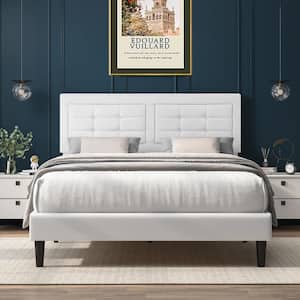 Upholstered Bed White Wood and Metal Frame Queen Platform Bed with Adjustable Headboard Bed Frame