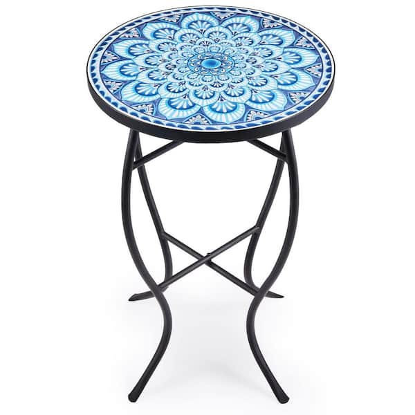 MOEPISY Blue Mandala Mosaic Side Table and Plant Stand