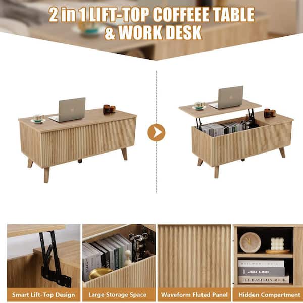 ATHMILE 39 in. Natural Rectangle Wood Lift-top Coffee Table With