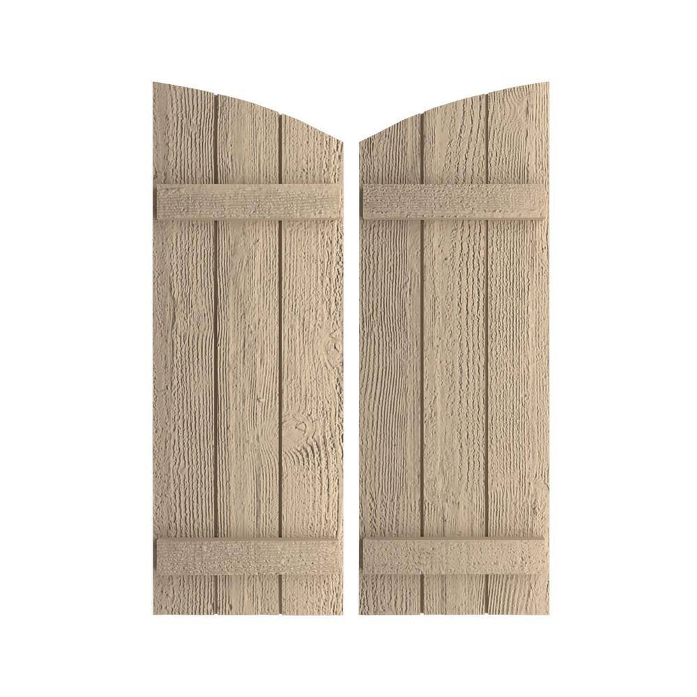 16-1/2 in. x 26 in. Polyurethane Rough Sawn Three Board Join.ed Board-n-Batten Elliptical Top Shutters Primed Tan