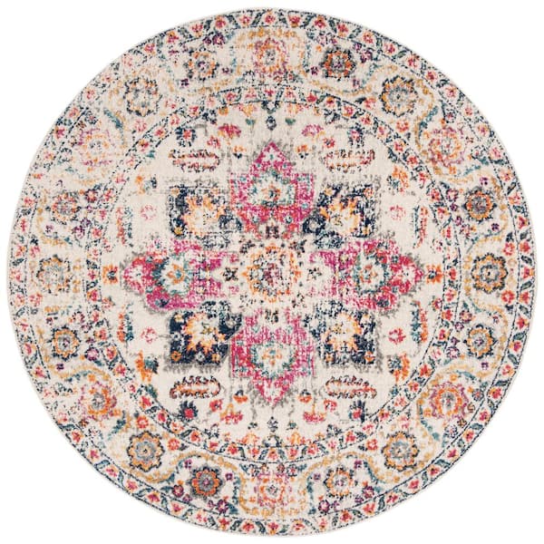 SAFAVIEH Madison Fuchsia/Ivory 3 ft. x 3 ft. Distressed Border Round Area Rug