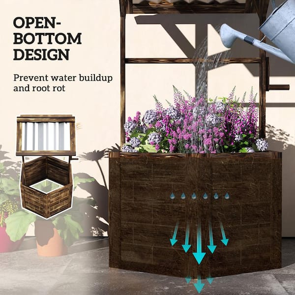 Outsunny 25.6 in. Tan Wood Wishing Well Planter with Outsunny 25.6 in. Tan Wood Wishing Well Planter with