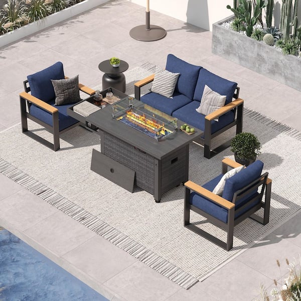 4-Piece Aluminum Patio Conversation Set with 52 in. Outdoor Fire Pit Table and Blue Cushions