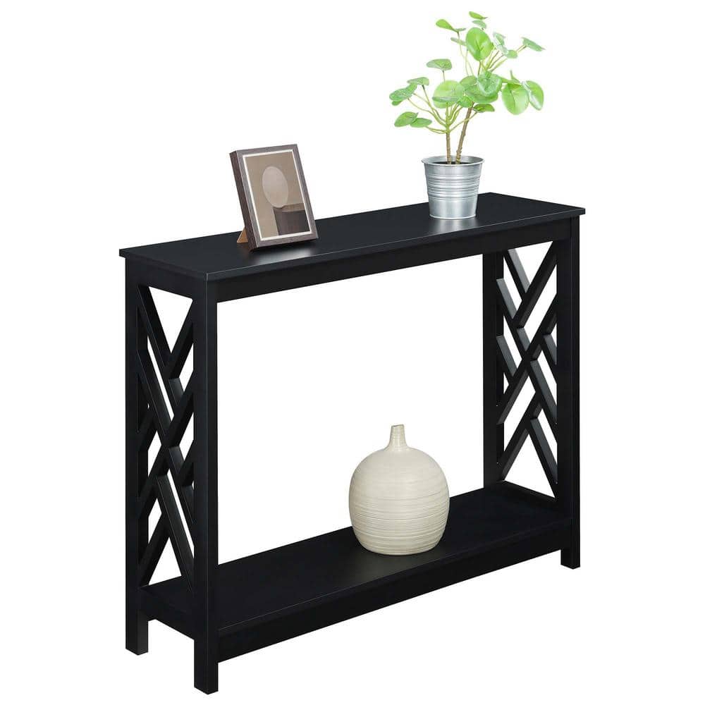 Black MDF Console Table with Shelf and Geometric Panels
