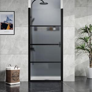 34 in. W x 72 in. H Pivot Framed Shower Door in Black Finish with Frosted Glass