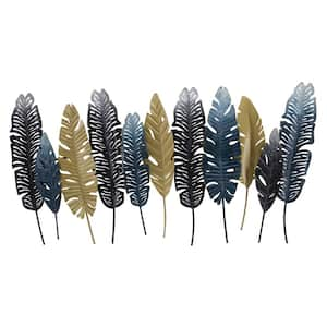 Blue and Gold Tropical Leaves Metal Mixed Media Wall Art