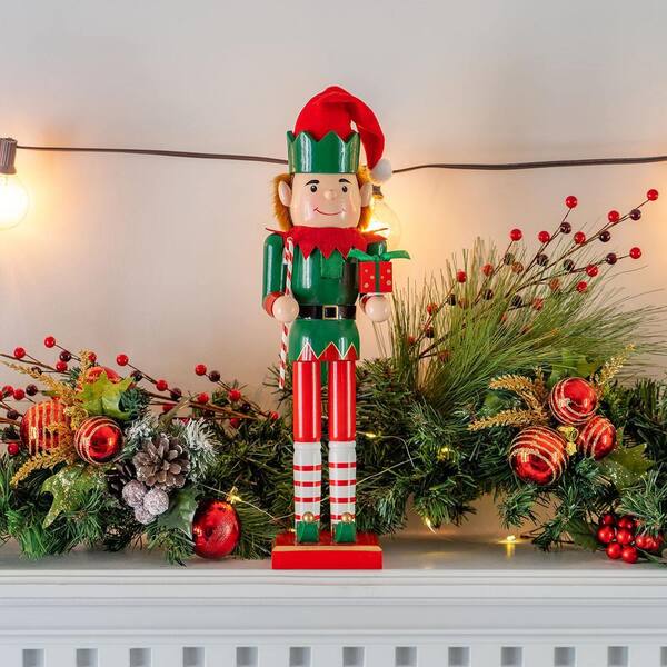 ORNATIVITY 15 in. Wooden Christmas Elf Holiday Nutcracker-Red and