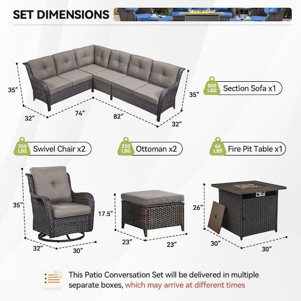 Arcline 7-Piece Brown Wicker Fire Pit Conversation Set with Olefin Gray Cushions L-Shaped Sofa with Patio Swivel Chairs