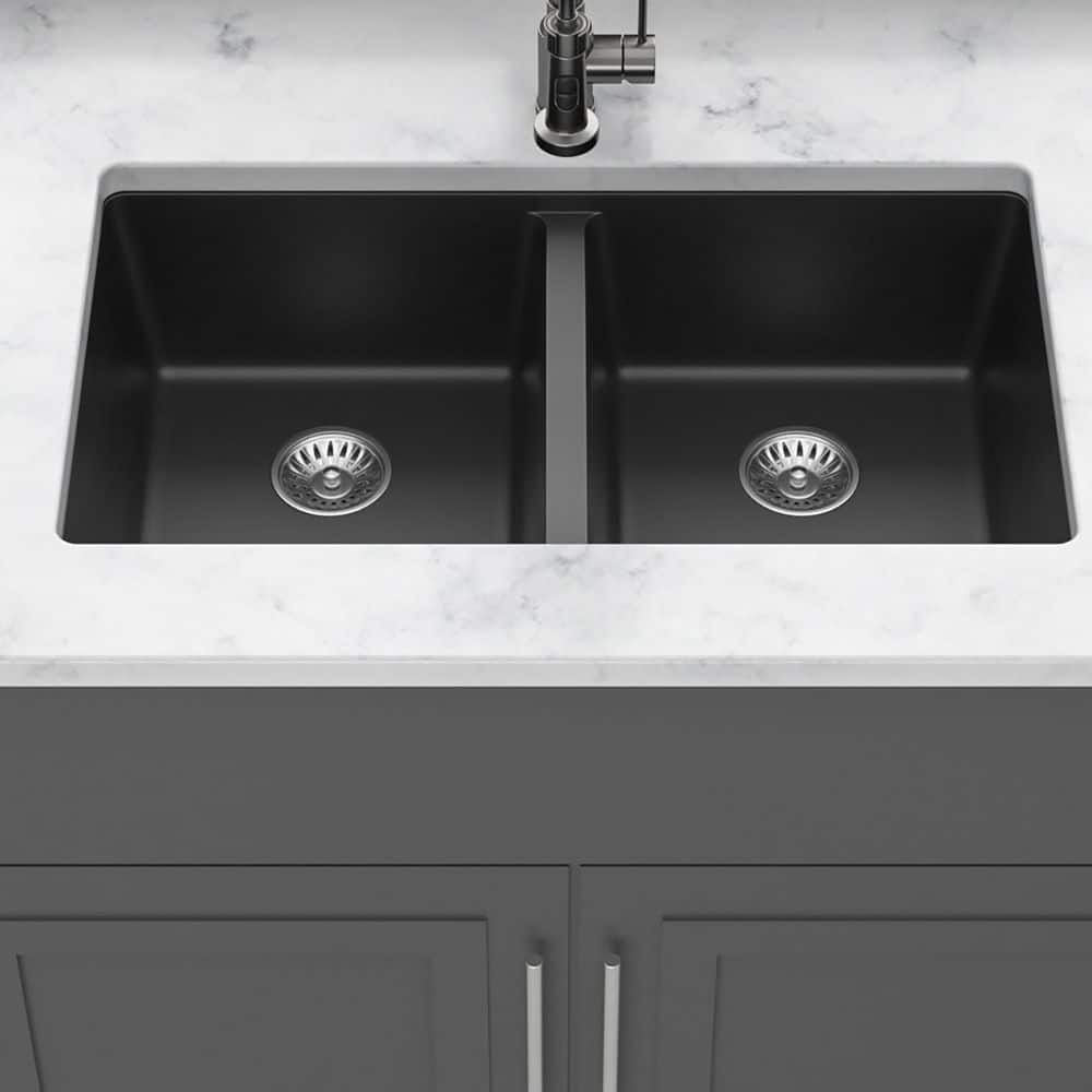 33 in. Undermount Double Bowl Black Quartz Kitchen Sink with Bottom Grids