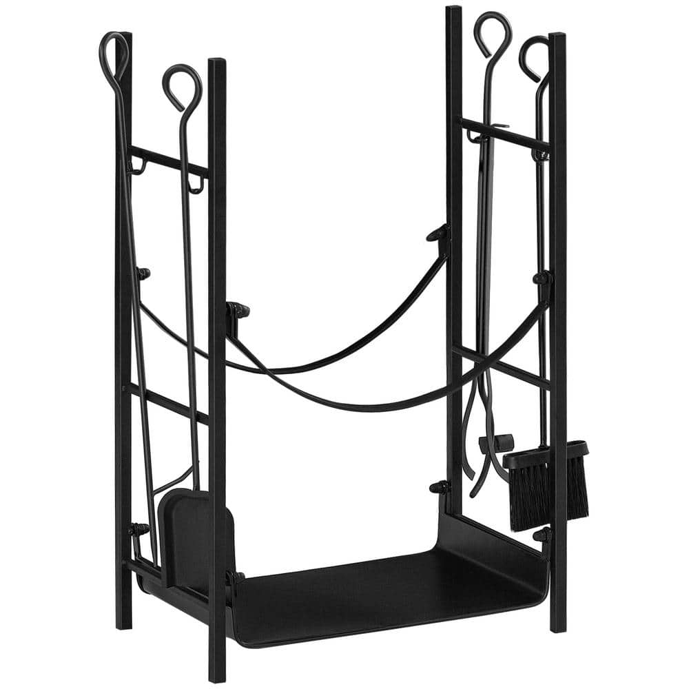 17.5 in. Indoor Outdoor Steel Firewood Rack with Fireplace Tool Set 2 Tiers