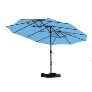 15 ft. Steel Patio Double-Side Market Umbrella with Base and Solar Light with Base in Turquoise