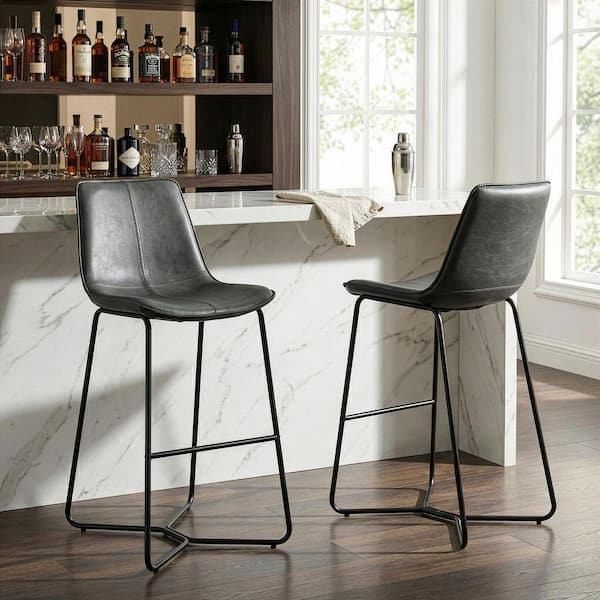 Amery 30 in. Grey Iron Frame Vintage Faux Leather Bar Stool (Set of 2)