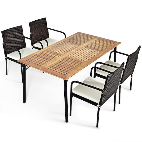 null 5-Piece Rattan Rectangular Outdoor Dining Set with White Cushions