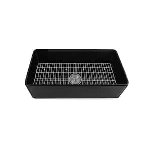 Black Fireclay 36 in. L x 18 in. W Rectangular Single Bowl Farmhouse Apron Kitchen Sink with Grid and Strainer