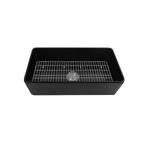 Black Fireclay 36 in. L x 18 in. W Rectangular Single Bowl Farmhouse Apron Kitchen Sink with Grid and Strainer