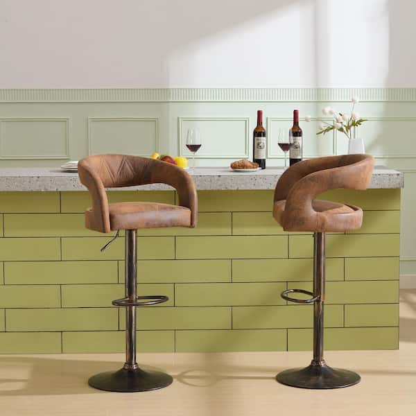 Bar Stools Set Adjustable Swivel Modern PU Leather Barstools, Counter Bar Stools with Back and Arms, Brown Set of 2