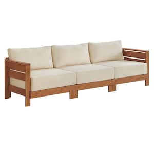 Barton Wood Weather-Resistant 3-Person Outdoor Couch with Stain-Resistant and Fade-Proof White Cushions