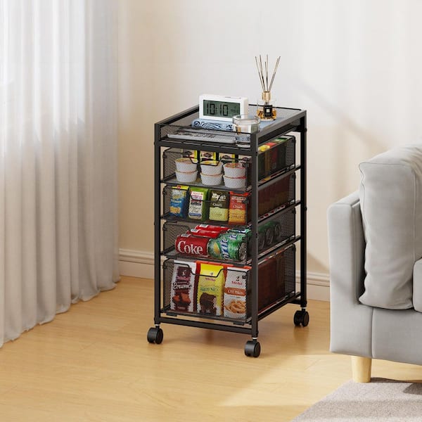 1 Piece Wheeled 5-Tier Metal Rolling Storage Cart, Fruit Baskets with Top Basket and Pull-out Drawers for Fruit Snack