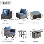 Messi Grey 11-Piece Wicker Outdoor Patio Fire Pit Conversation Sofa Set with Swivel Chairs and Denim Blue Cushions