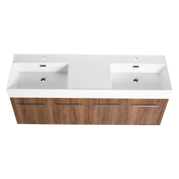 60 in. Wall-Mounted Double Brown Ebony Bath Vanity with White Resin Top Unassembled