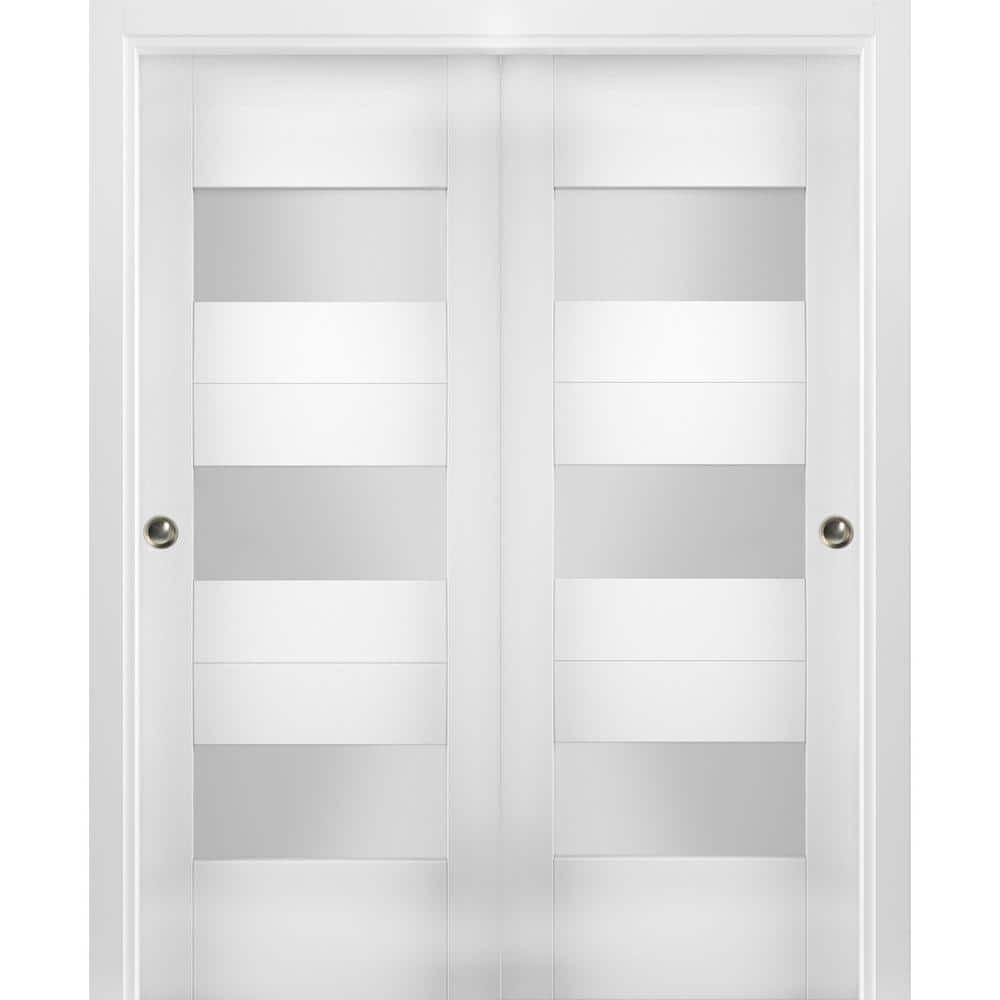 VDOMDOORS Sliding Closet Doors – 60x96 Inch Opaque Glass Bypass Set With Rails & Hardware In White Silk Finish