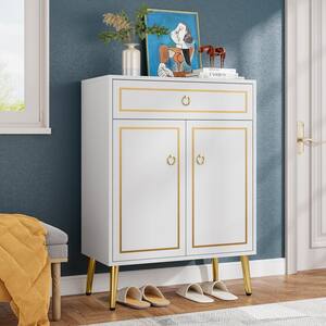 Lauren White Shoe Cabinet with 2-Doors and Drawer for Entryway 16-18 Pair