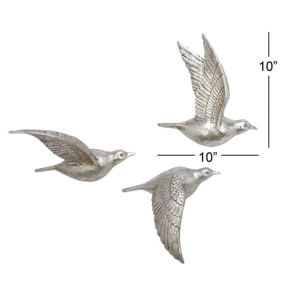 Silver Polystone Bird Wall Sculpture Set of 3