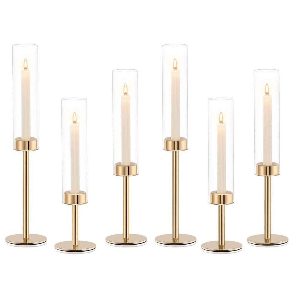 Gold Hurricane Candle Holders Set of 6, Tall Metal and Glass Taper