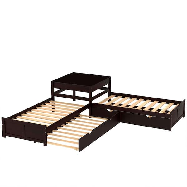 Utopia 4niture Marciana 117.30 in. Twin Size Espresso L Shaped Platform Bed with 2 Trundles and Built in Square Table