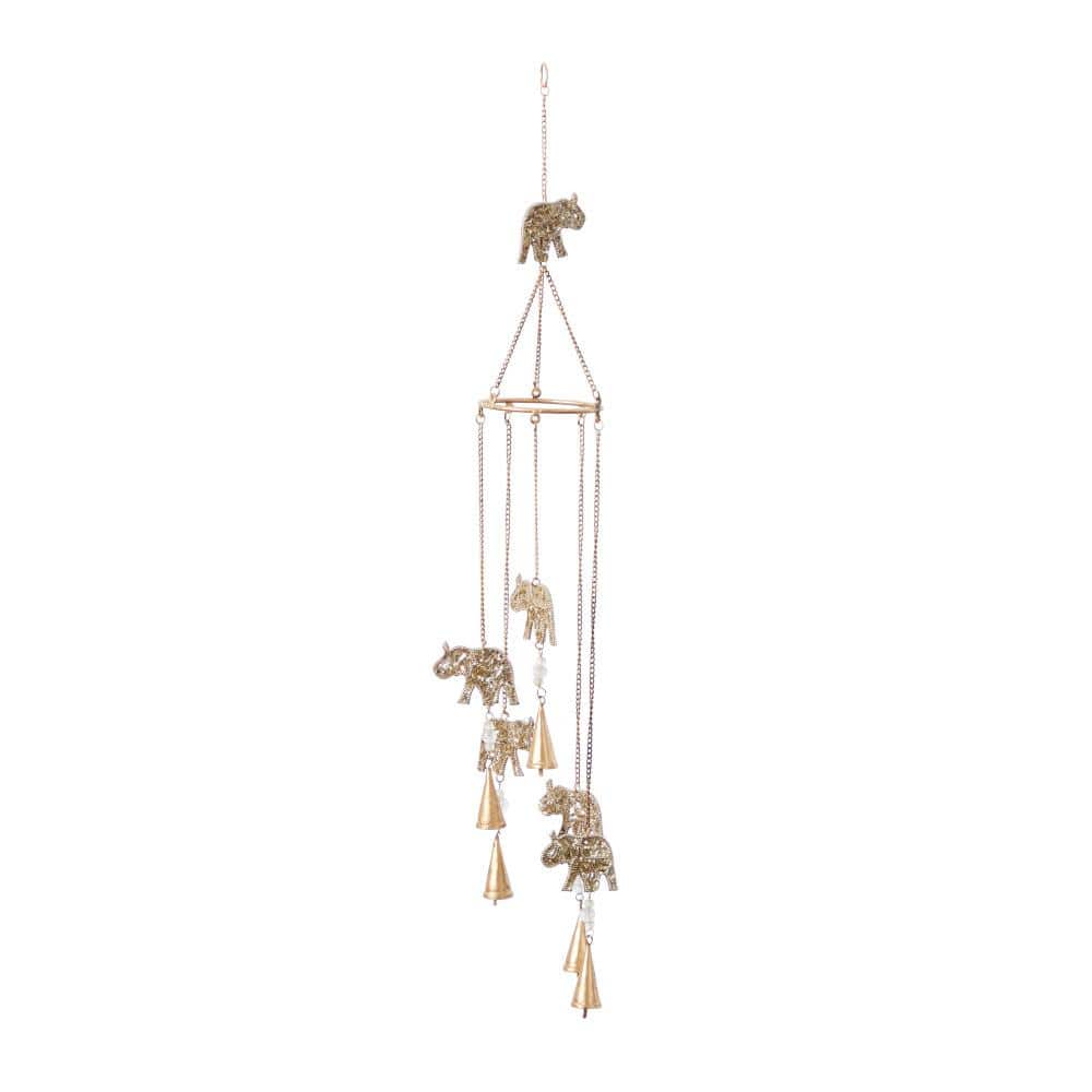 Gold Metal Elephant Windchime with Glass Beads and Bells