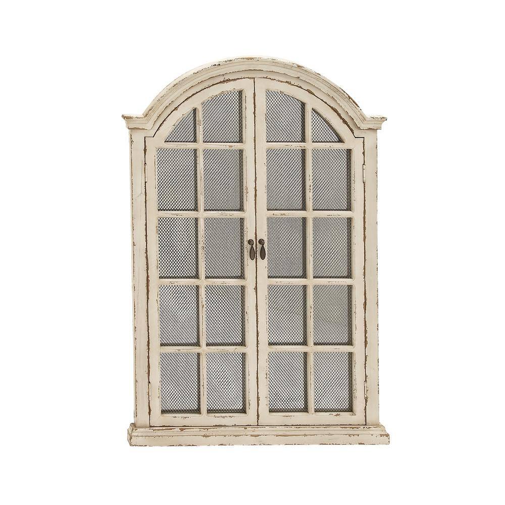 Cream Wood Windowpane Arched Wall Mirror with Distressed Finish