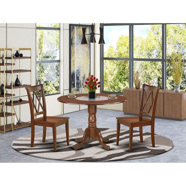 3-Piece Round Mahogany Finish Solid Wood Top Dining Table with 2 Chairs with Drop Leaf Cross Back