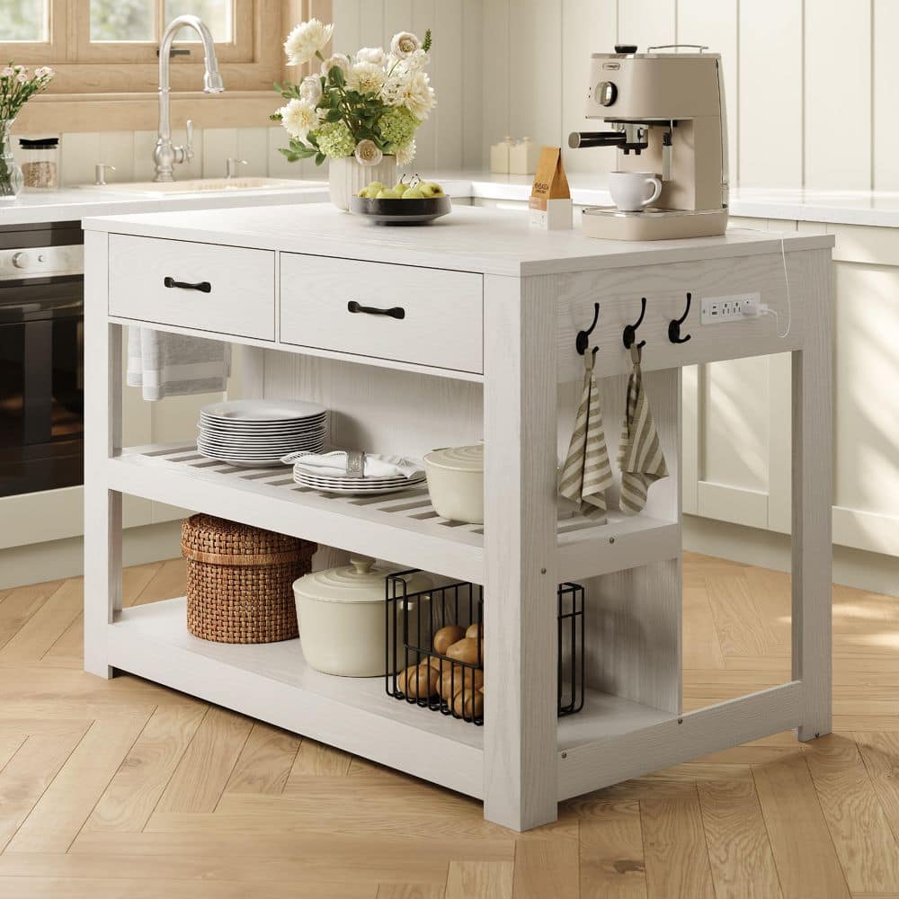 White Wood 55 in. Stationary Kitchen Island with Power Outlet, 2 Drawers and 2-Tier Storage Shelves