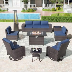 11-Piece Wicker Patio Conversation Set with Fire Pit Table, with Pyramid Heater, Swivel Rocking Chairs Set, Cushion Navy