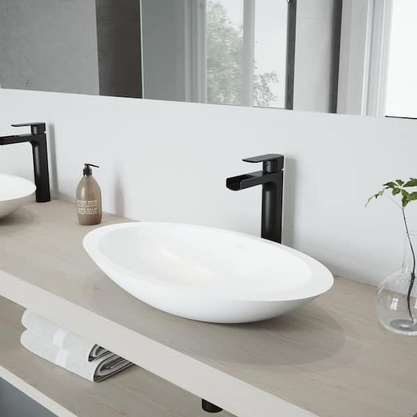 VIGO Matte Stone Wisteria Composite Oval Vessel Bathroom Sink in White with Amada Faucet and Pop-Up Drain in Matte Black