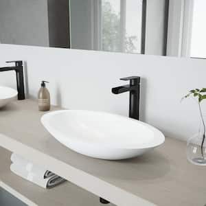 Matte Stone Wisteria Composite Oval Vessel Bathroom Sink in White with Amada Faucet and Pop-Up Drain in Matte Black