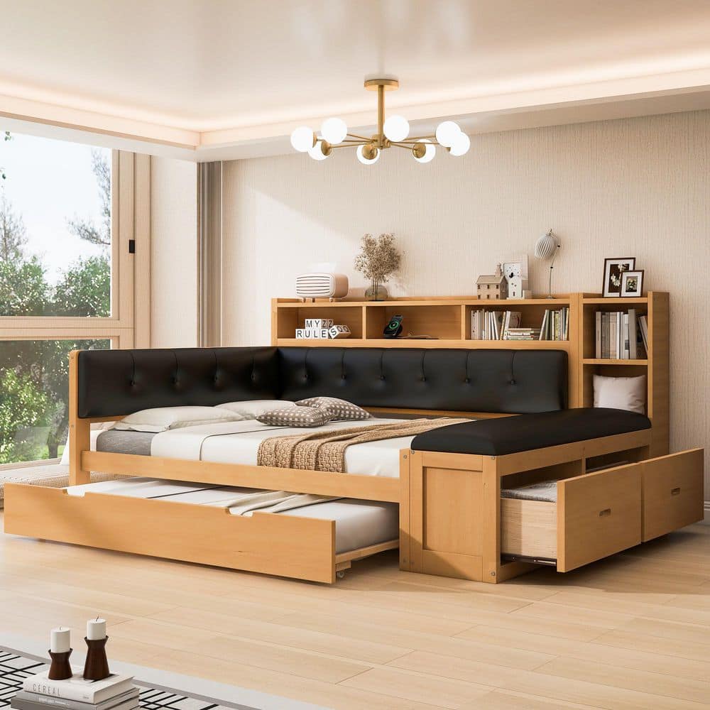 Black/Natural Full Daybed with Trundle, Storage Shelves, Bench, Charging Station and Upholstered Headboard
