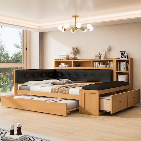 Black/Natural Full Daybed with Trundle, Storage Shelves, Bench, Charging Station and Upholstered Headboard