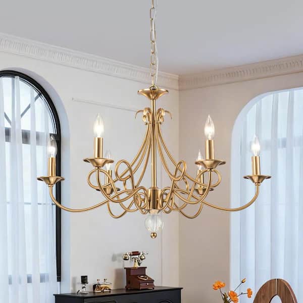 HUOKU Auro 6-Light 28.7 in.W Brass Mid-Century Flower Chandelier