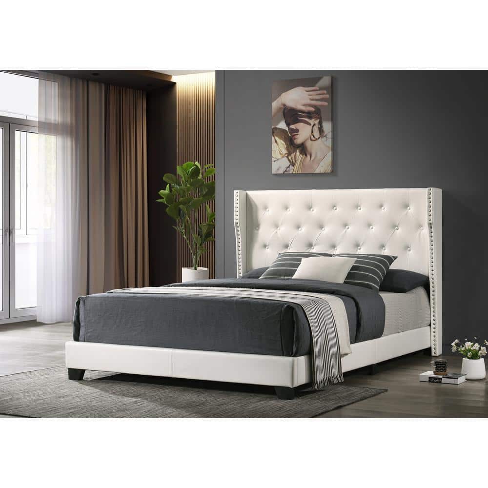 Chic Full-Size White Faux Leather Panel Bed with Tufted Headboard & Nailhead Trim