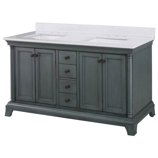 Strousse 37 in. W x 22 in. D Vanity in Distressed Blue Fog with Engineered Stone Top in Ice Diamond with White Sink